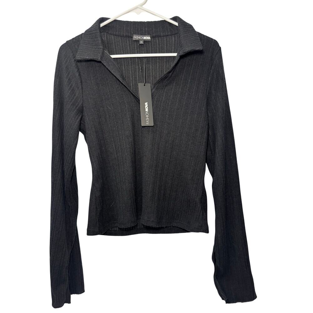 Fashion Nova Ribbed Long-Sleeve Polo Top Size XL NWT